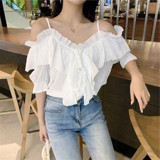 Short-sleeve Off-shoulder Ruffled Chiffon Top