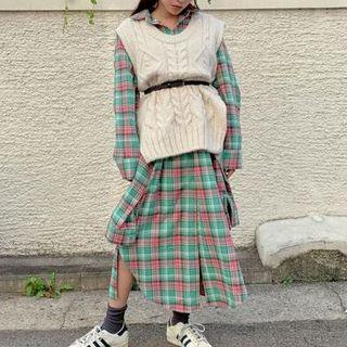 Tie-waist Plaid Shirt Dress / Cable Knit Tank Top