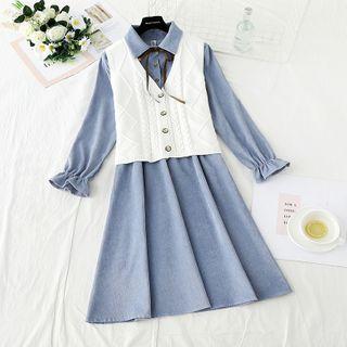 Midi A-line Shirtdress / Single-breasted Cable Knit Vest / Set