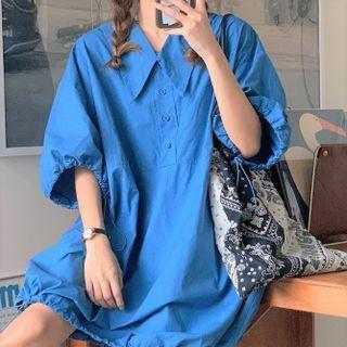 Puff-sleeve Henley Shirt Dress