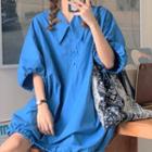 Puff-sleeve Henley Shirt Dress