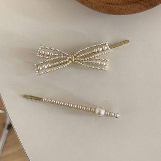 Set Of 2: Faux Pearl Bow Hair Clip