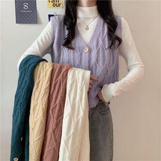 Long-sleeve Mock Neck Plain T-shirt / Cable Knit Vest
