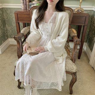 Plain Knit Cardigan / Lace V-neck Dress