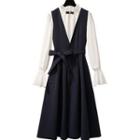 Bell-sleeve Lace Trim Plain Blouse / V-neck Tie Waist Plain Pinafore Dress