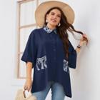 Plus Size Elbow-sleeve Printed Pocket Detail Shirt