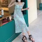 Spaghetti Strap Tie Dye Midi A-line Dress Aqua Blue - One Size