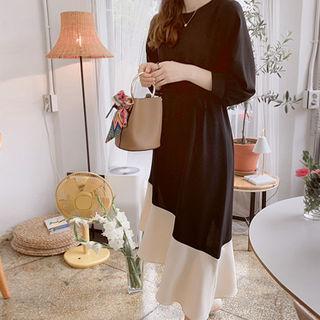 Color-block Asymmetric-hem Dress With Sash