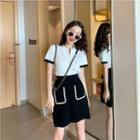 Color-block V-neck Short-sleeve Top / High-waist Skirt