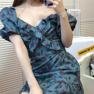 Short-sleeve Floral A-line Dress Blue & Red - One Size