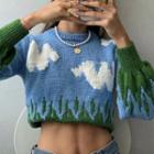 Patterned Crop Sweater White Cloud - Blue - One Size