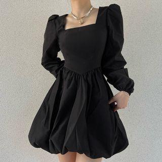 Long-sleeve Square Neck Plain Mini A-line Dress