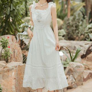 Sleeveless Flower Embroidered Lace Trim Midi A-line Dress