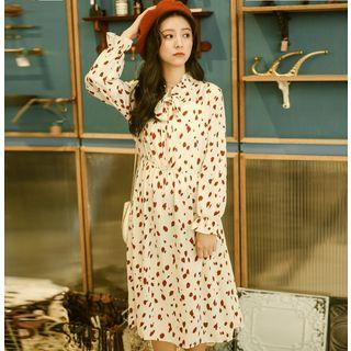 Printed Long-sleeve Midi Chiffon Dress Light Almond - One Size