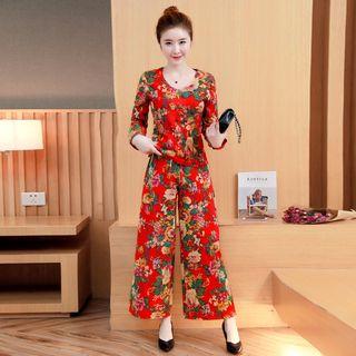 Set: Floral Print Long-sleeve Top + Wide Leg Pants