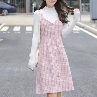 Mock Neck Knit Top / Midi Plaid Jumper Dress / Set