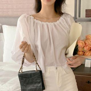 Elbow-sleeve Drawstring Blouse White - One Size