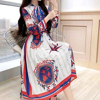 3/4-sleeve Printed Chiffon A-line Midi Dress