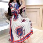 3/4-sleeve Printed Chiffon A-line Midi Dress