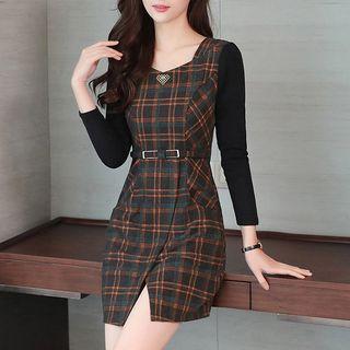 3/4-sleeve Plaid Panel Mini Dress