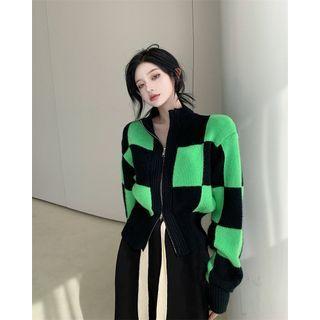 Checker Print Zip Cardigan Cardigan - Green & Black - One Size