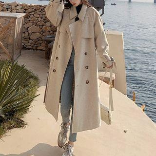 Long-sleeve Plain  Tie-waist Woolen Coat