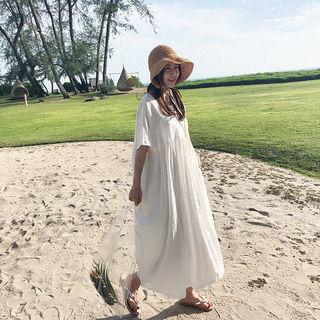 Shirred Boxy Linen Maxi Dress