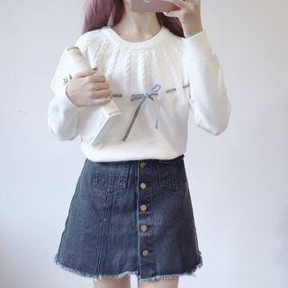 Long-sleeve Cable Knit Bow-accent Sweater