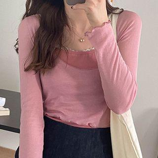 Set: Long-sleeve Frill Trim Top + Camisole Top