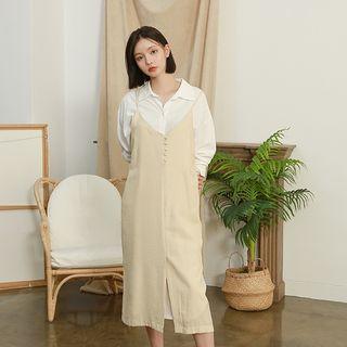 Button-detail Silky Midi Pinafore Dress