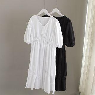 V-neck Plain Oversize A-line Dress