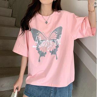 Elbow-sleeve Butterfly Print Open-back T-shirt