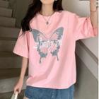 Elbow-sleeve Butterfly Print Open-back T-shirt