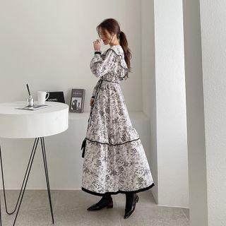 Frill-trim Floral Long Layered Dress Black - One Size