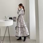 Frill-trim Floral Long Layered Dress Black - One Size