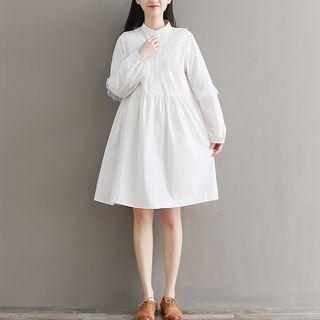 Mesh Trim Long-sleeve A-line Dress
