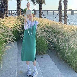 Sleeveless Cut Out Lettering Top / Midi Overall Dress / Set