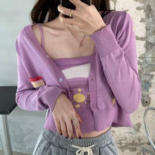 Set: Flower Print Cardigan + Sun Print Knit Cropped Camisole Top