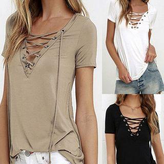 Lace-up Deep Plunge Short-sleeve T-shirt