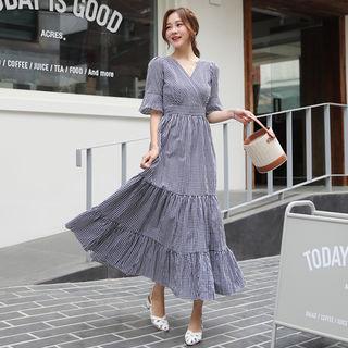 Wrap-front Gingham A-line Dress