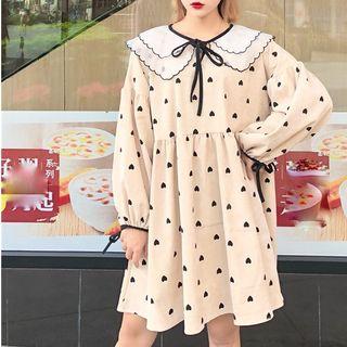 Layered Collar Heart Print Long-sleeve A-line Dress