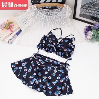 Set: Floral Print Bikini + Cap Sleeve Top
