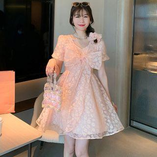 Short-sleeve Bow Panel Floral Mesh Dress / Puff-sleeve Floral Mesh Blouse
