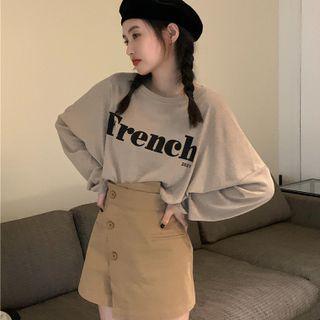 Long-sleeve Lettering T-shirt / Asymmetrical Waist Mini Skort