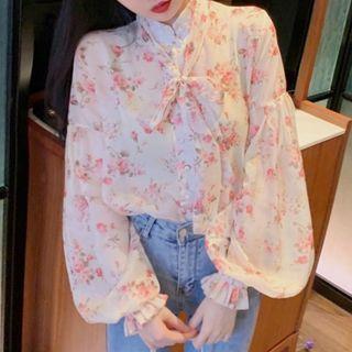 Lantern-sleeve Floral Print Chiffon Blouse Pink Floral - Beige - One Size