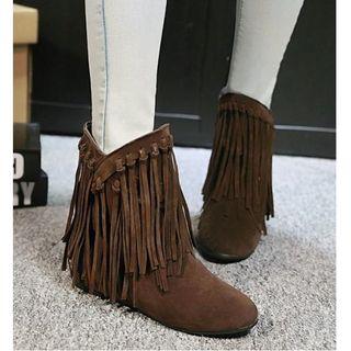 Faux Suede Tassels Hidden Wedge Booties