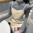 Long-sleeve Buttoned T-shirt / Spaghetti Strap Mini A-line Dress