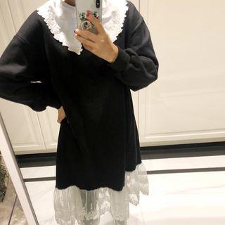 Contrast-collar Lace-hem Midi Dress Black - One Size