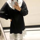 Contrast-collar Lace-hem Midi Dress Black - One Size