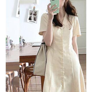 Short-sleeve Notch Lapel Midi Shirt Dress